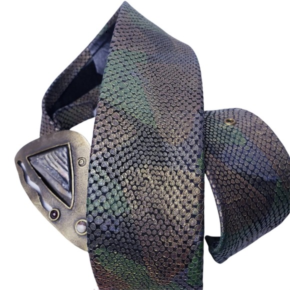 Boho Belt Removable Buckle Snakeskin Print in Green & Brown Tones - Picture 2 of 6